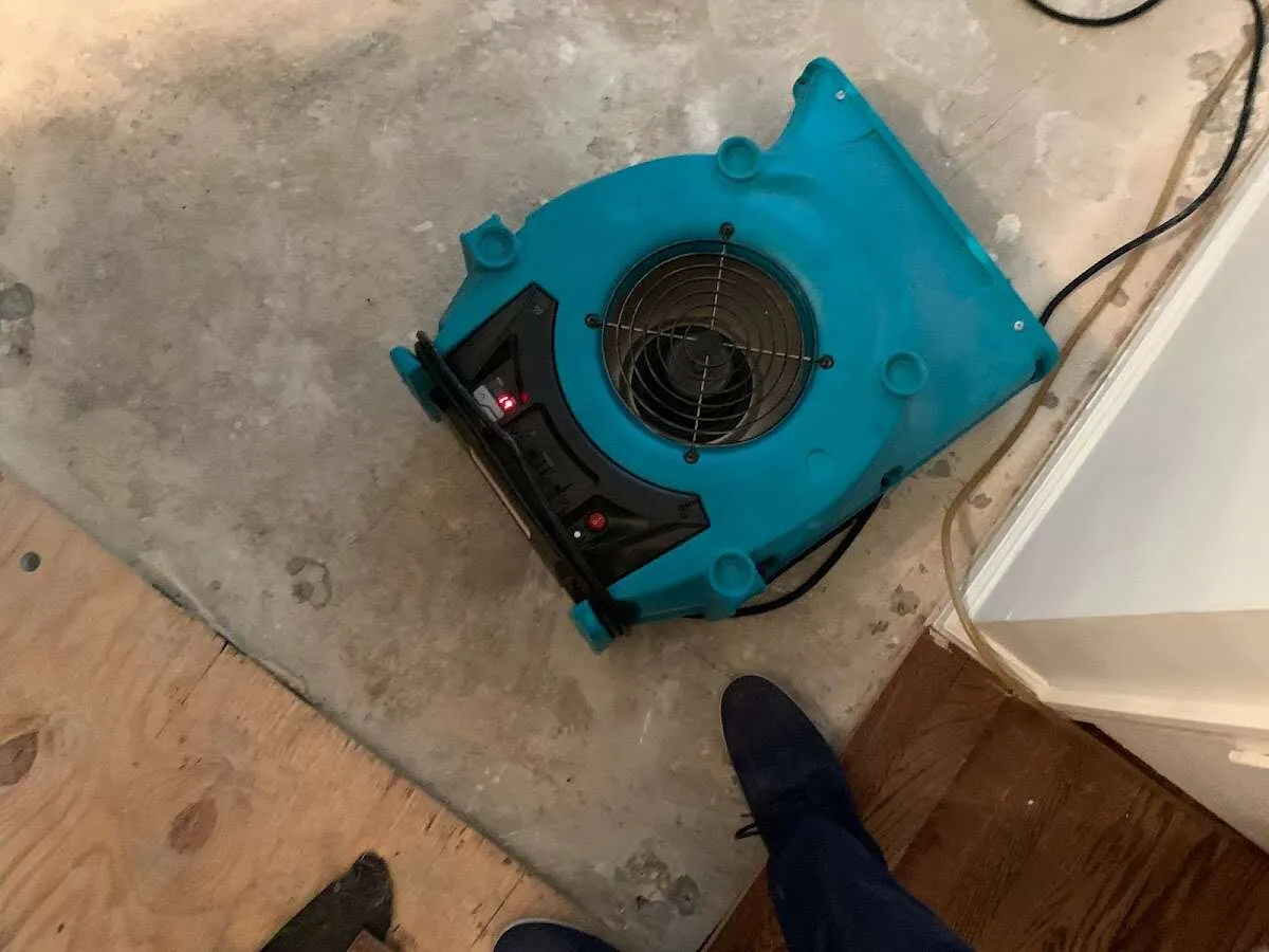 Air mover drying subfloor during Leak Detection & Repair in Crawford